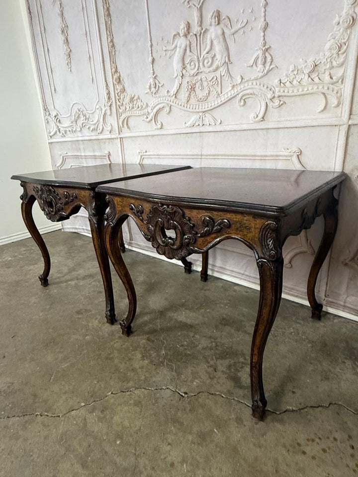 Pair of Louis XV Side Tables, Burl Walnut, Hand-Carved, Circa 1920s