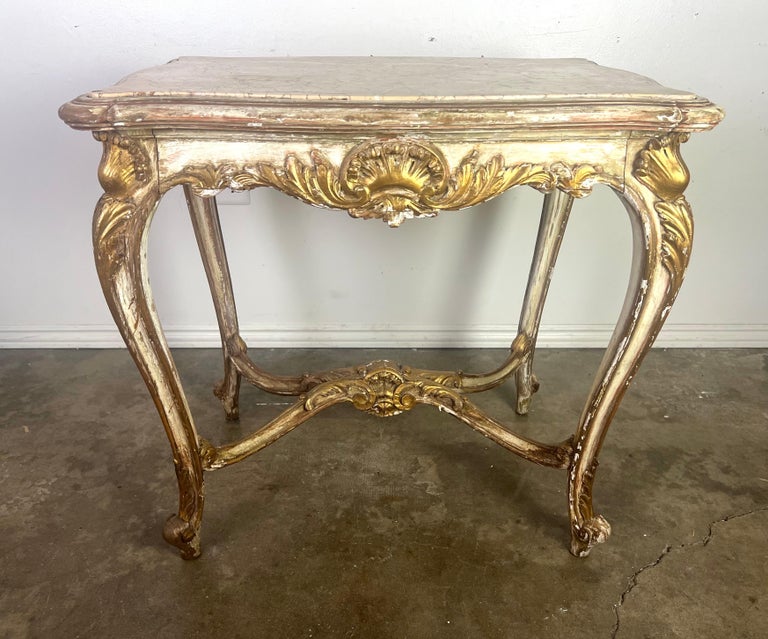 19th C. French Painted & Parcel Gilt Table w/ Marble Top