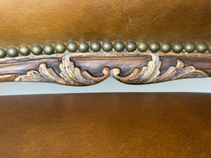 Pair of VIntage French Louis XV Cognac Leather Fauteuils