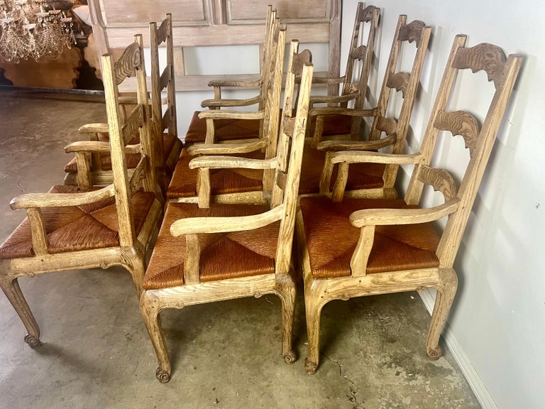 Set of Eight French Country Ladder Back Armchairs w/ Rush Seats