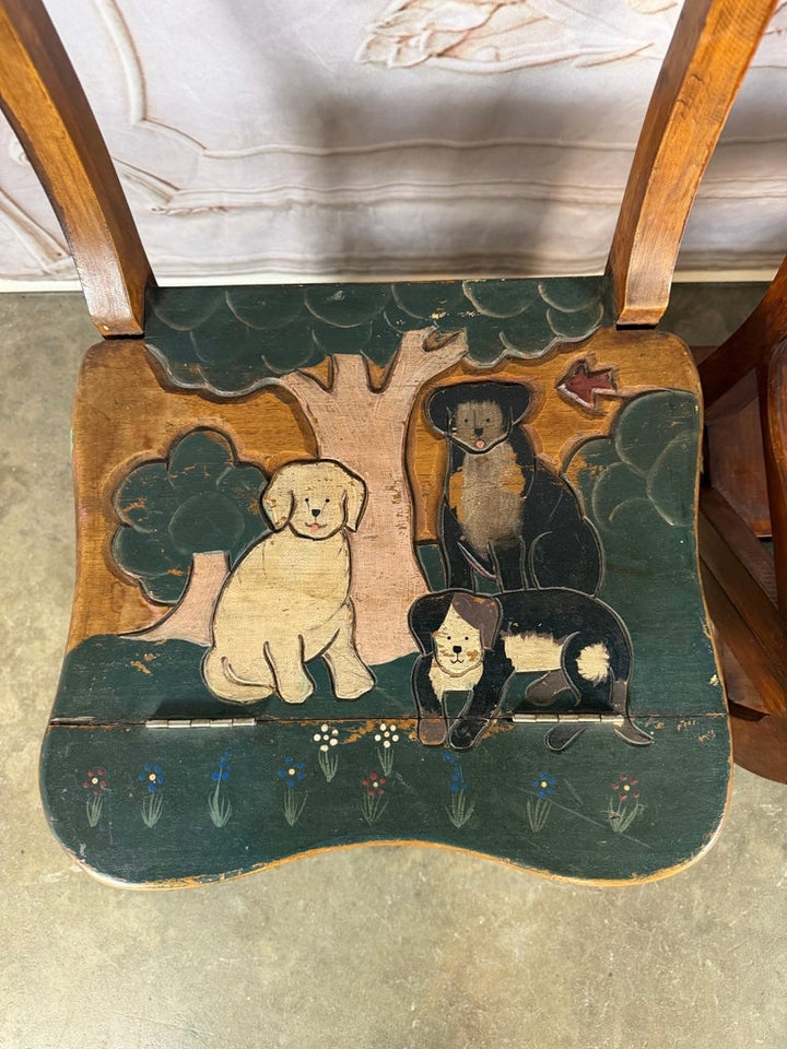 Pair of Hand-Painted Convertible Library Step Ladder Chairs with Dog Motif