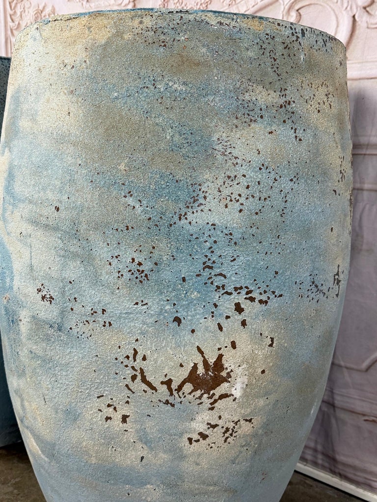 Pair of Large Atelier Vierkant Style Planters - Ocean Blue Patina Barrel Pots