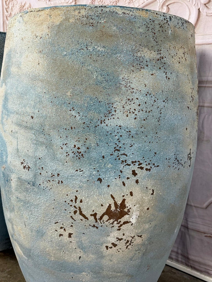 Pair of Large Atelier Vierkant Style Planters - Ocean Blue Patina Barrel Pots