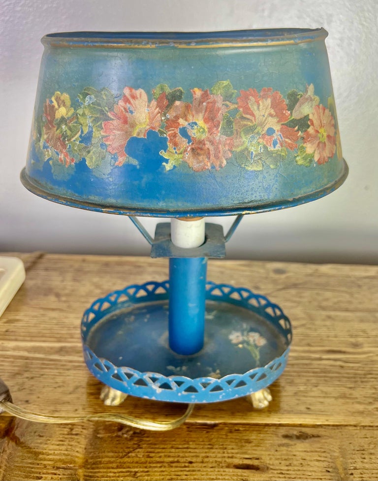 Hand Painted Italian Blue Tole Lamp w/ Shade