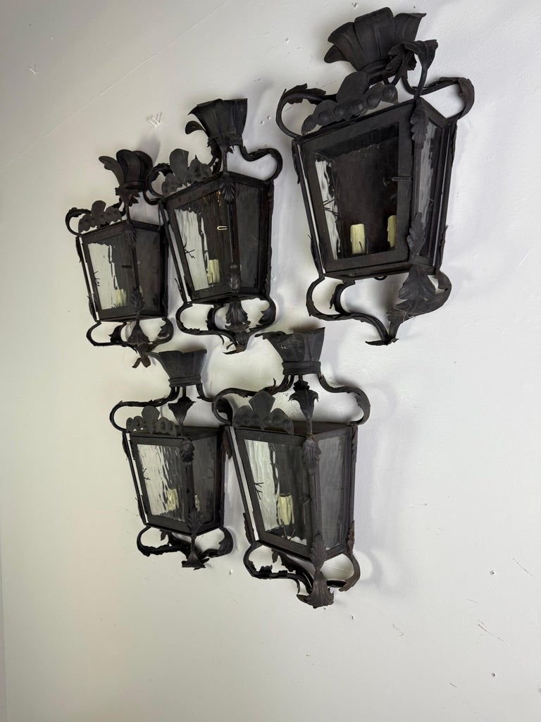 Set of Five Hand-Forged Spanish Wrought Iron Wall Lanterns