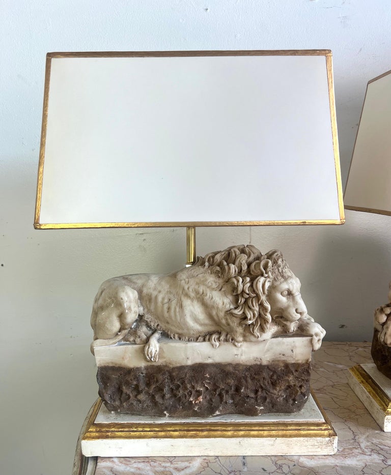 Pair of Italian Carved Stone Lion Lamps with Parchment Shades