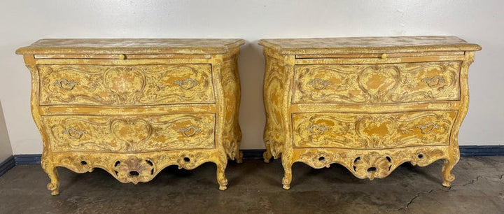 Pair of Louis XV–Style Painted Bombe Commodes with Carved Rococo Ornament