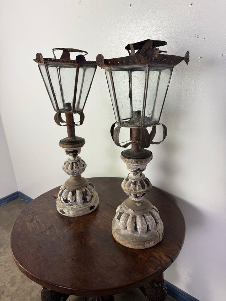 Pair of 19th Century Italian Lanterns with Carved and Painted Bases