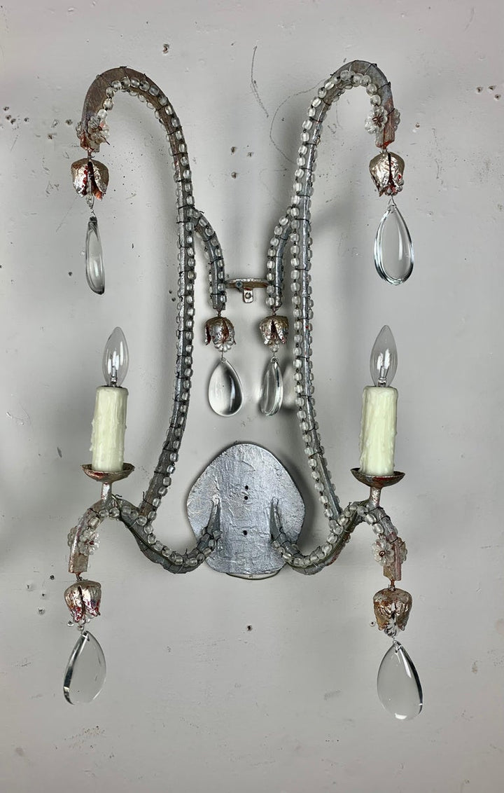 Pair of Silvered 2-Light Crystal Sconces