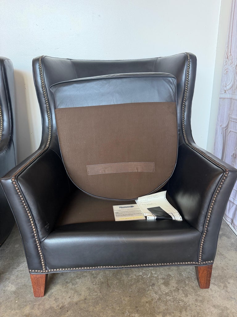 Pair of Thomasville Black Leather Wingback Lounge Chairs