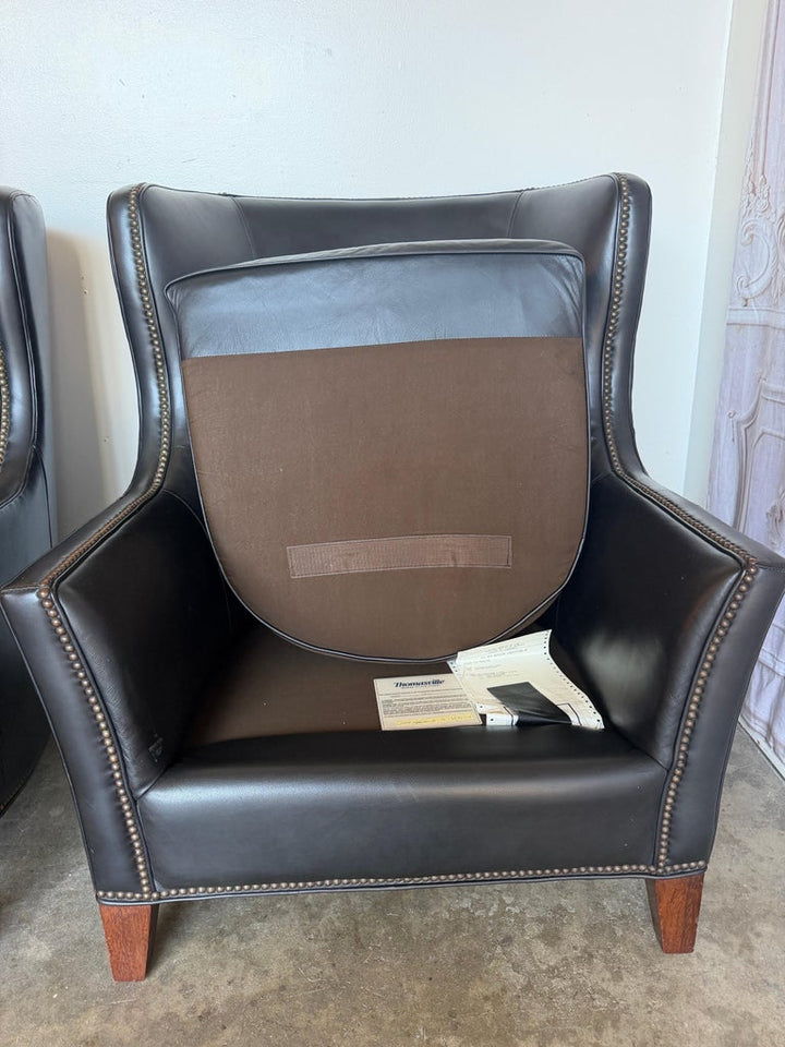 Pair of Thomasville Black Leather Wingback Lounge Chairs