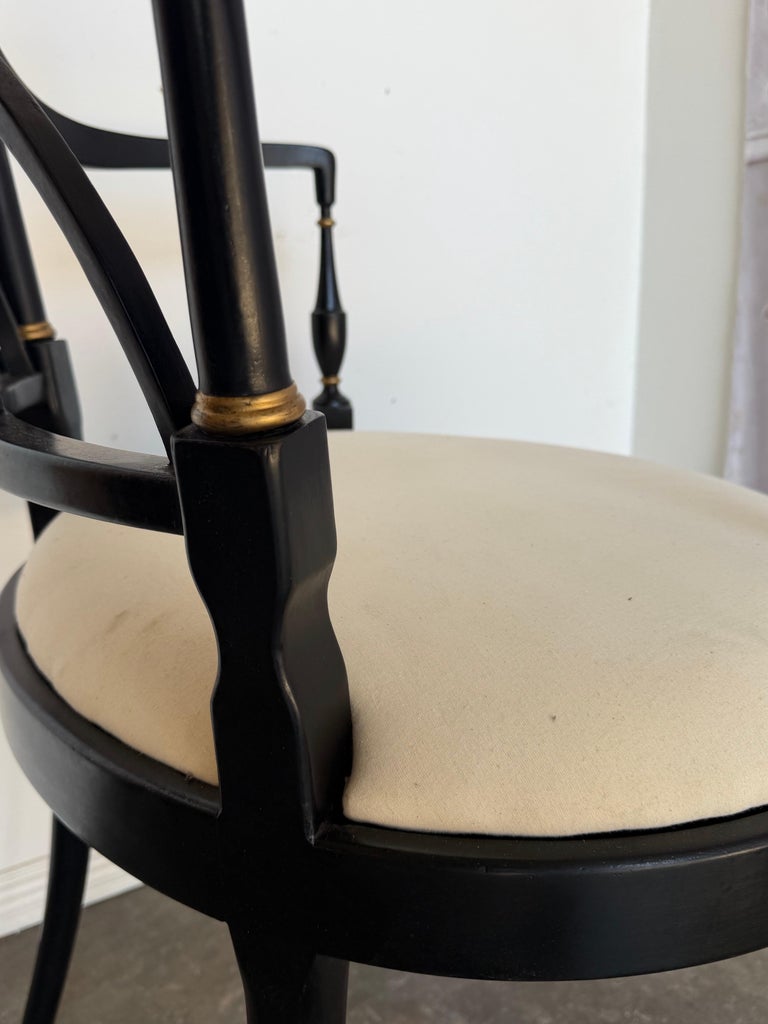 Set of Ten Regency-Style Ebonized Dining Chairs with Linen Seats