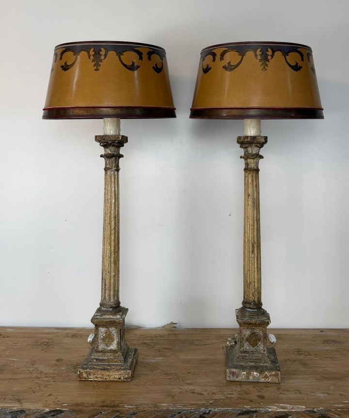 Pair of Italian Neoclassical Corinthian Column Table Lamps Distressed Giltwood