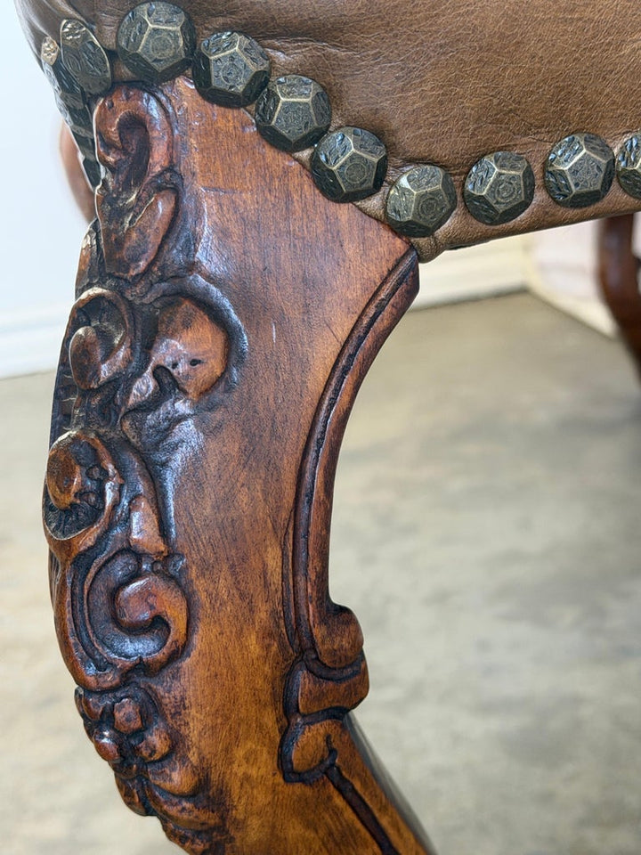 Antique French Louis XV Bench, Hand-Carved Wood &amp; Brown Leather