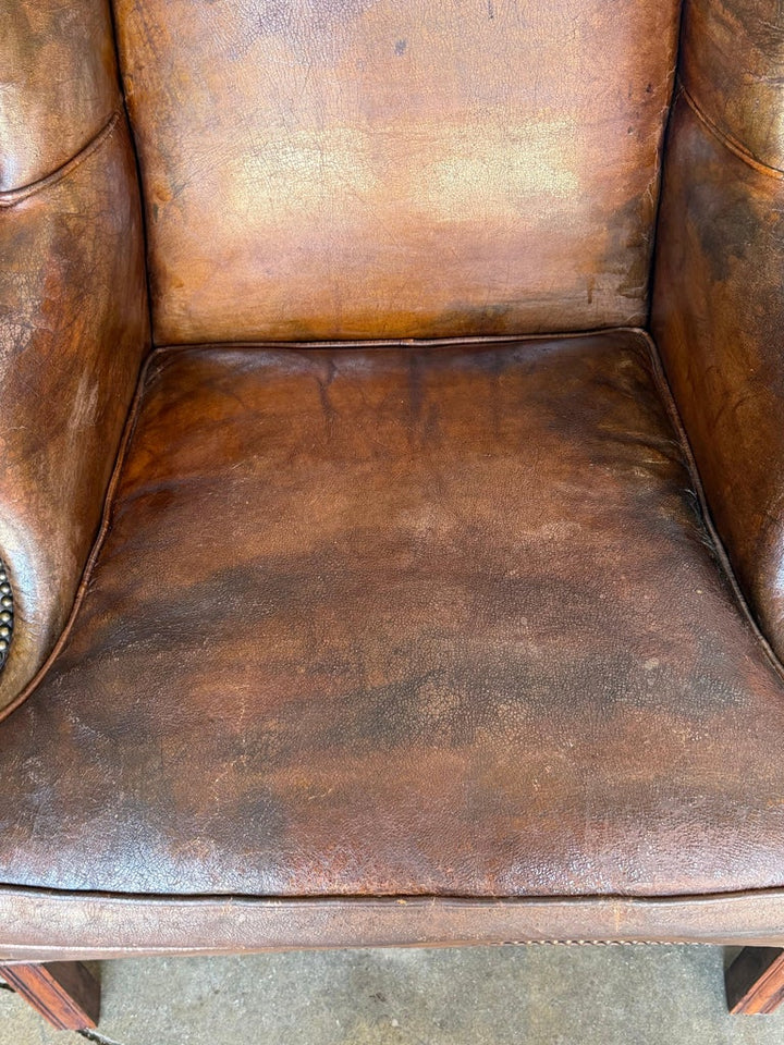 Pair of English Georgian Style Wingback Armchairs - Distressed Brown leather