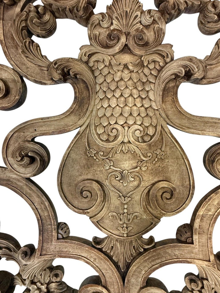Ornate Carved Wood and Upholstered Headboard