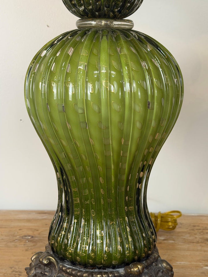 Pair of Vintage Murano Glass Table Lamps - Barovier &amp; Toso Style Olive Green