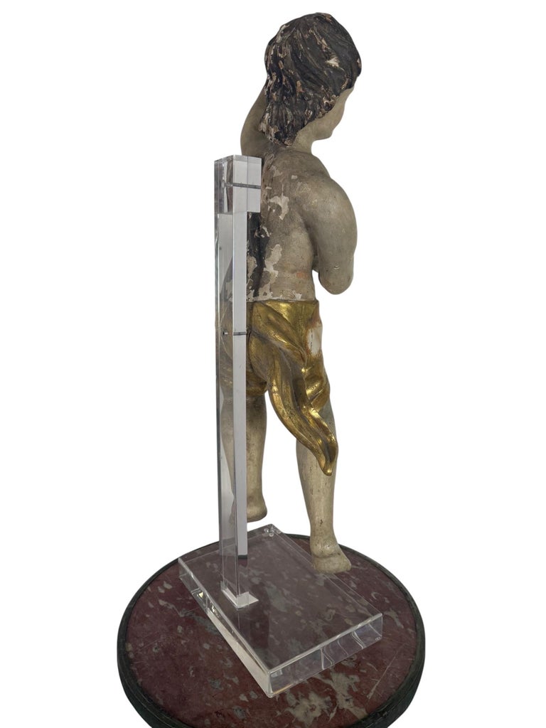 19th Century Carved Polychrome and Giltwood Statue of a Putti