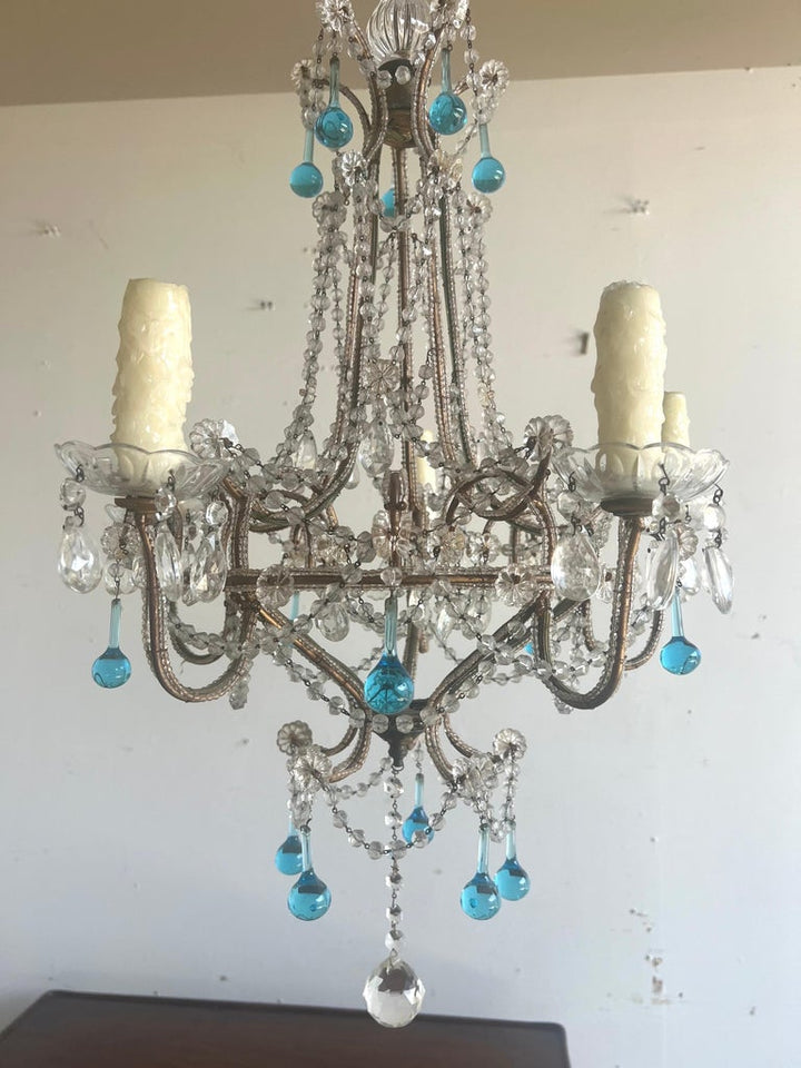 Five Light Italian Crystal Beaded Chandelier C. 1930