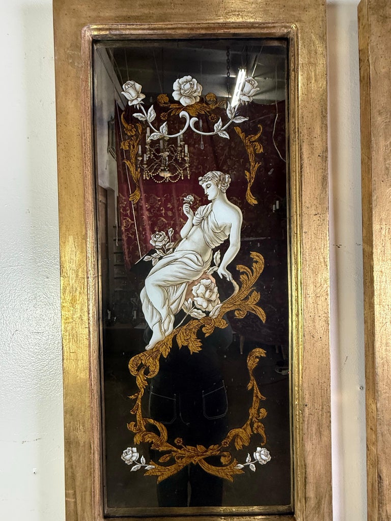 Pair of Reverse Painted Framed Mirror Panels