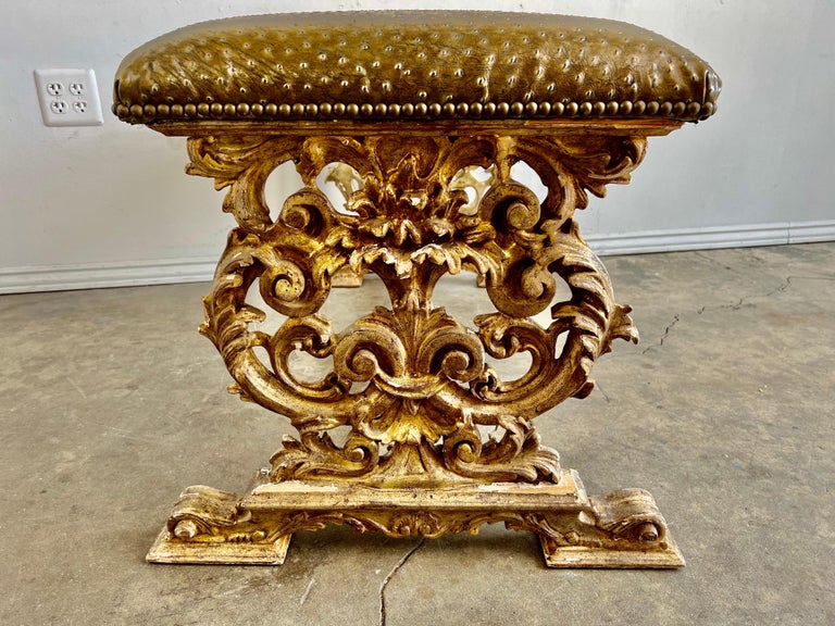 Italian Carved Giltwood Bench W/ Embossed Leather