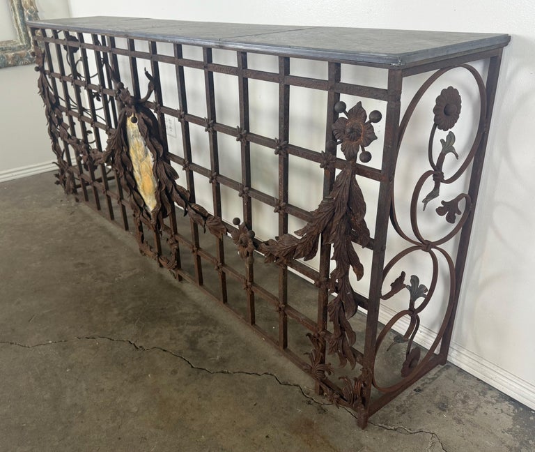 Monumental Hand-Wrought Iron Console with Stone Medallion and Classical Garlands