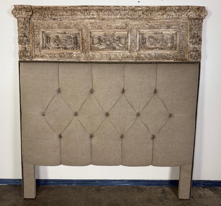 Italian Carved Linen Headboard w/ Antique Panel