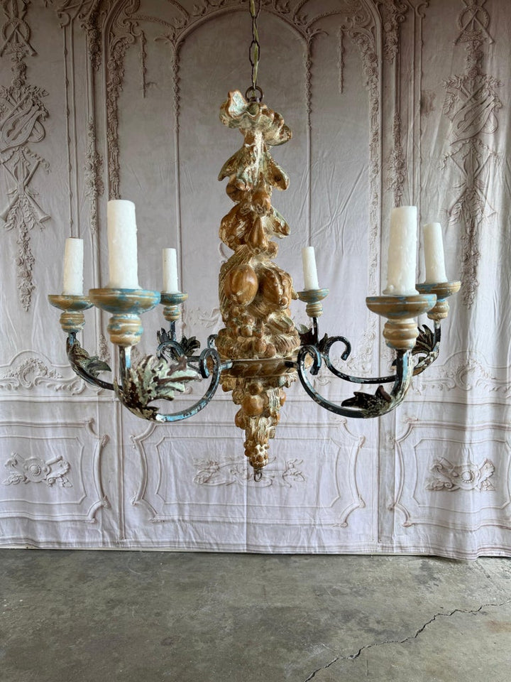 Italian Rococo Painted Wood & Iron 6-Light Chandelier with Fruit Garland