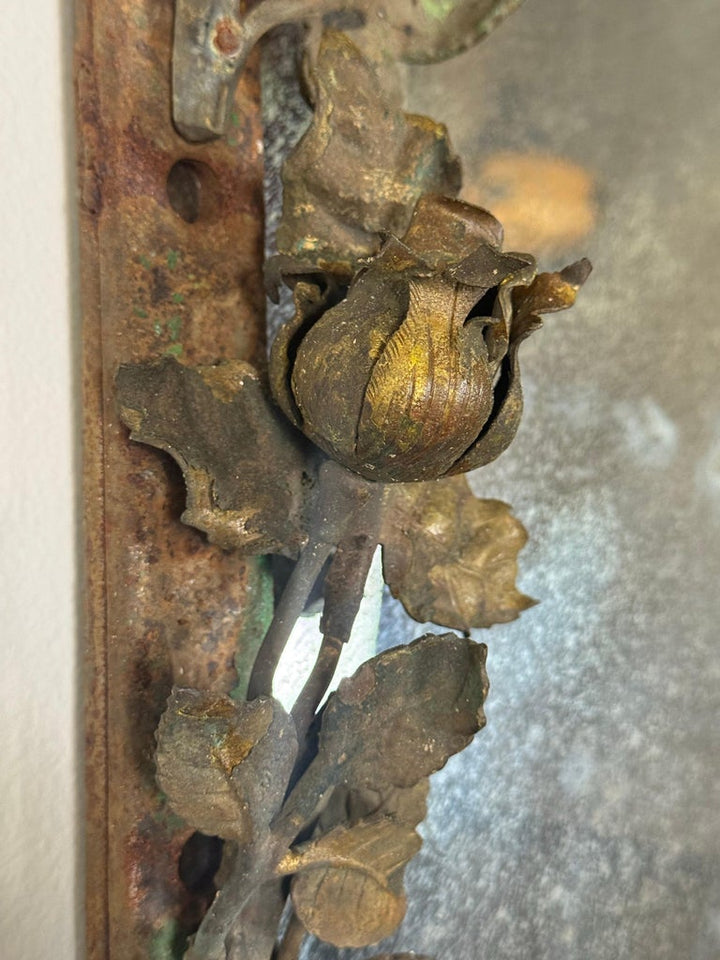 Antique Mid-Century Wrought Iron Mirror with Floral Motif