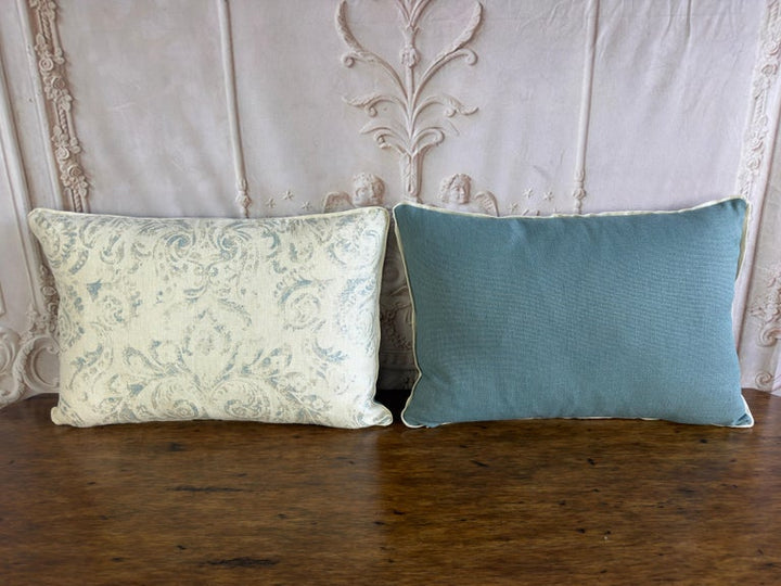 Pair of Custom Printed Linen Lumbar Pillows in Faded Aqua Baroque Damask