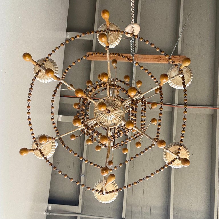 Pair of Italian Gilt Iron and Wood Beaded Chandeliers, Mid-20th Century
