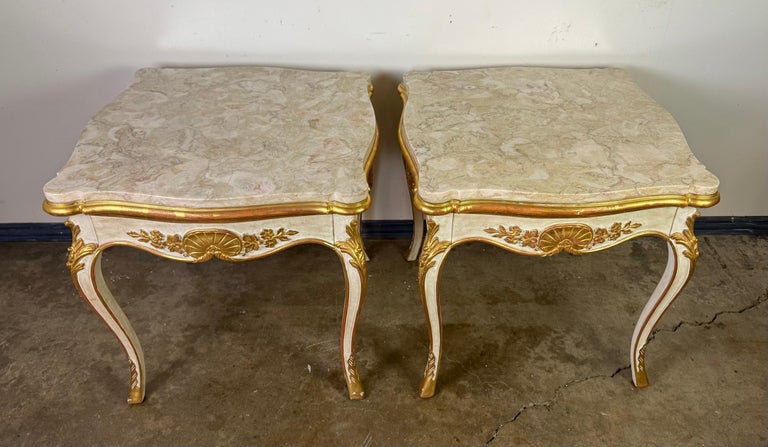 Pair of Giltwood & Painted Marble-Top Side Tables with Drawers