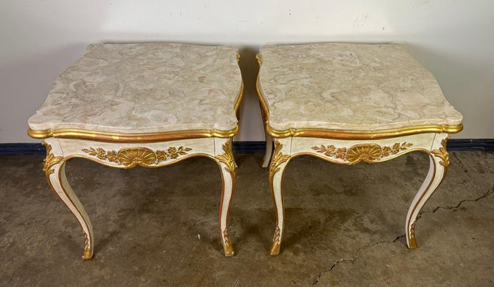 Pair of Giltwood & Painted Marble-Top Side Tables with Drawers