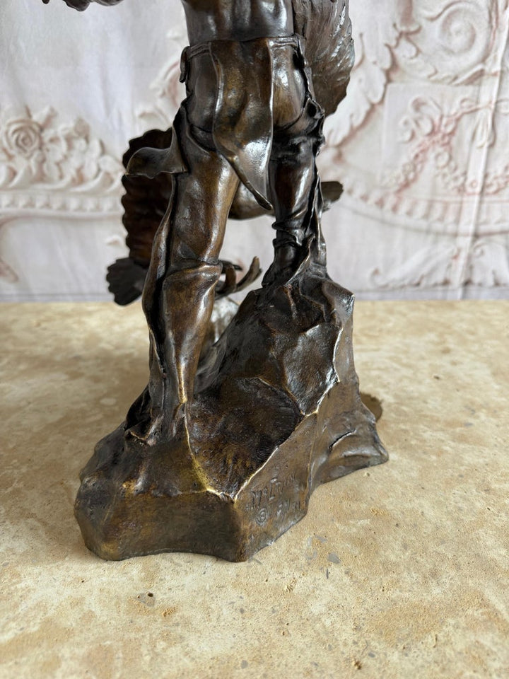 Monumental Bronze Sculpture of Native Warrior and Eagles, Dynamic Art