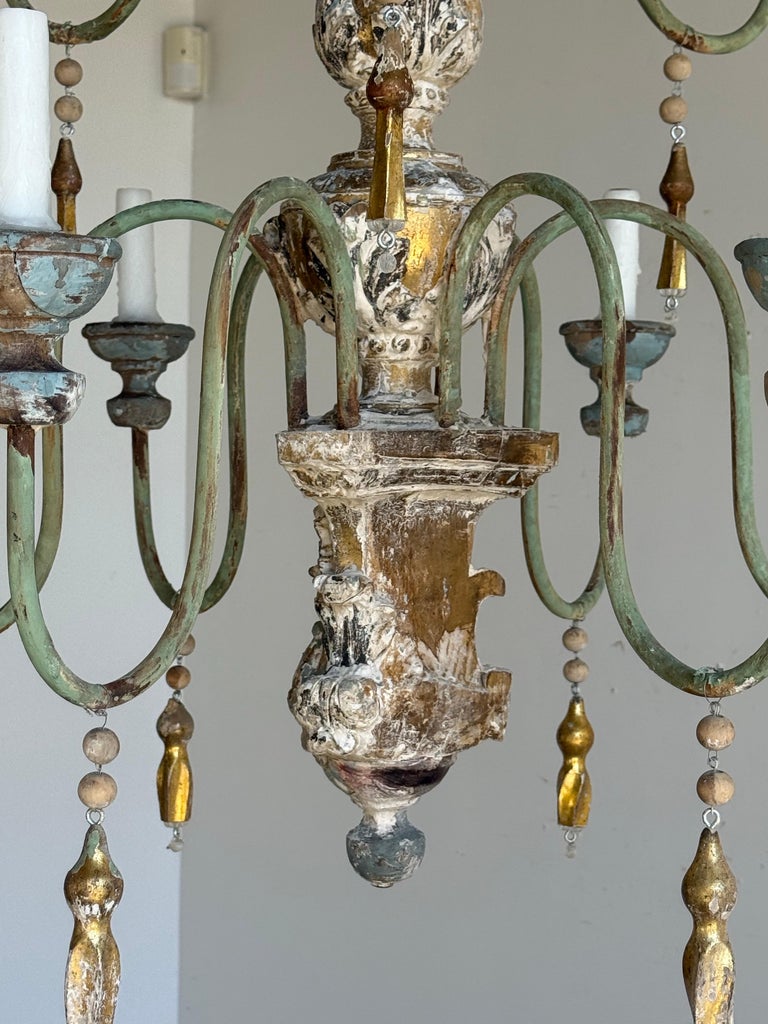 Grand Italian Painted and Giltwood Twelve-Light Chandelier