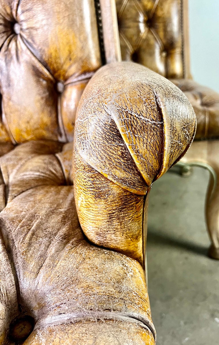 Set of Eight French Leather Tufted Dining Chairs C. 1940