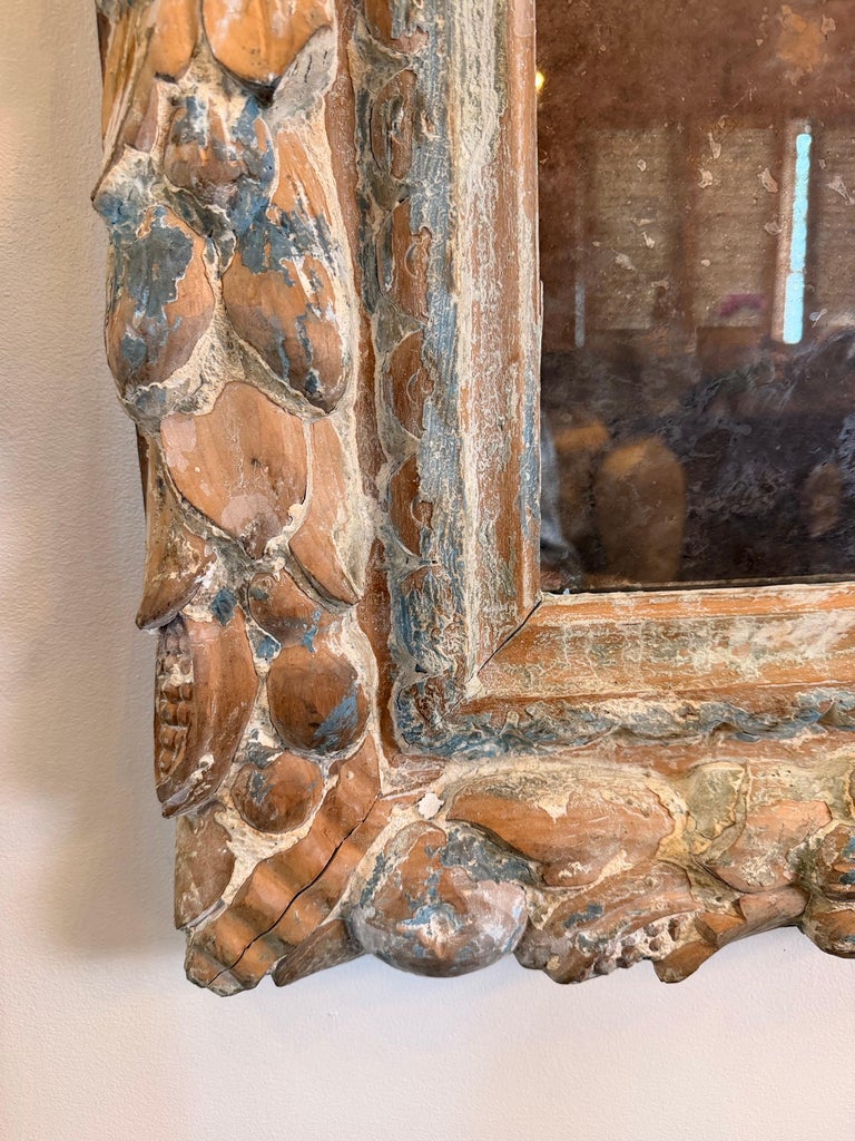 Antique French Carved Wood Mirror with Foliate Frame and Original Foxed Glass