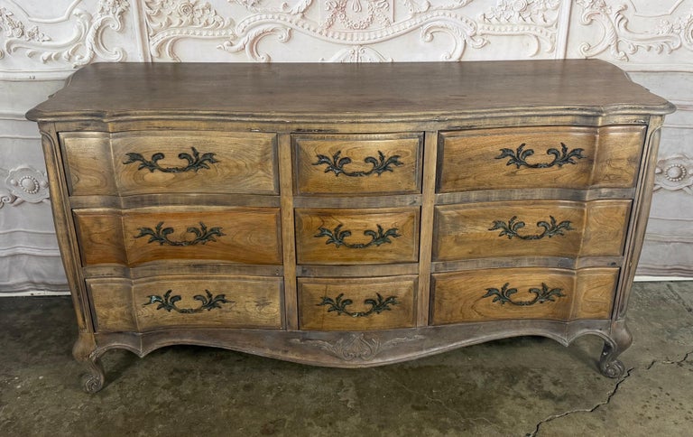 French Louis XV Style 9-Drawer Bombe Dresser in Bleached Fruitwood