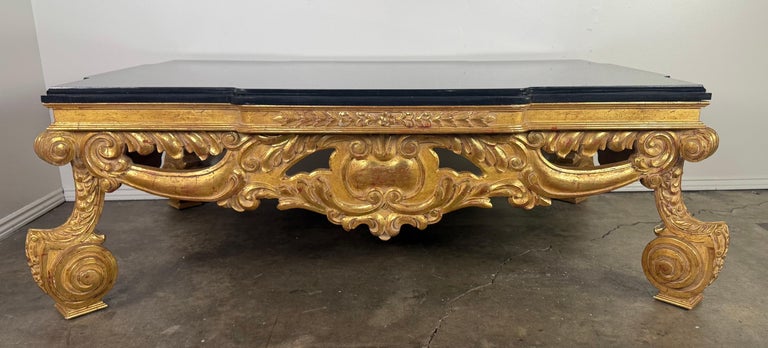 Baroque-Style 22K Gold Leaf Carved Coffee Table with Black Stone Top