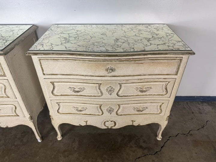 Pair of Louis XV–Style Painted Chests with Antiqued Marbled-Foxed Mirror Tops