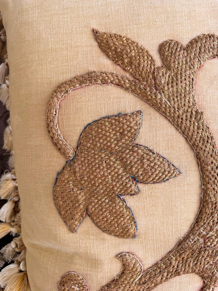 Pair of Golden Chenille Pillows w/ 19th Century Metallic Embroidered Appliqués