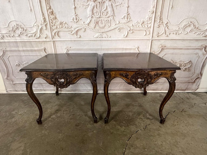 Pair of Louis XV Side Tables, Burl Walnut, Hand-Carved, Circa 1920s