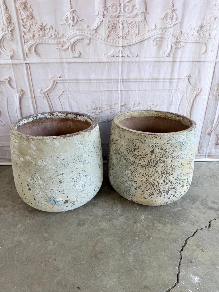 Pair of Large 20th Century Pitted Limestone-Finish Terra Cotta Planters
