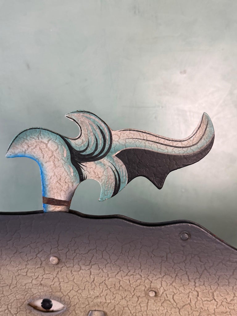 Vintage Folk Art Carved Whale Kinetic Sculpture on Stylized Ocean Base