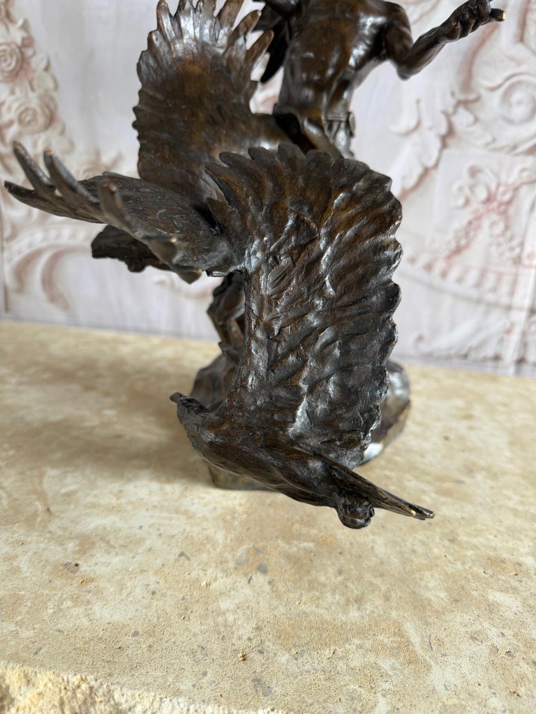 Monumental Bronze Sculpture of Native Warrior and Eagles, Dynamic Art