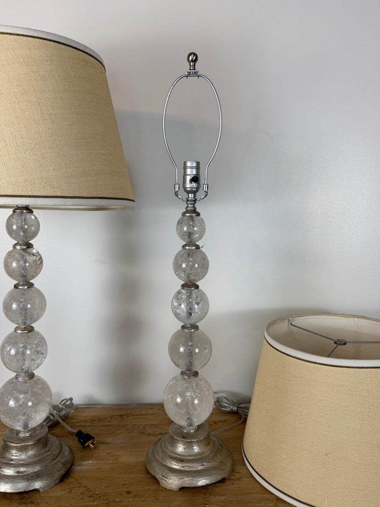 Pair of Hollywood Regency Rock Crystal Stacked Orb Table Lamps - Silver Leaf