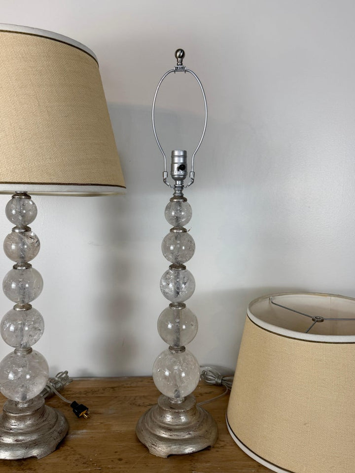 Pair of Hollywood Regency Rock Crystal Stacked Orb Table Lamps - Silver Leaf