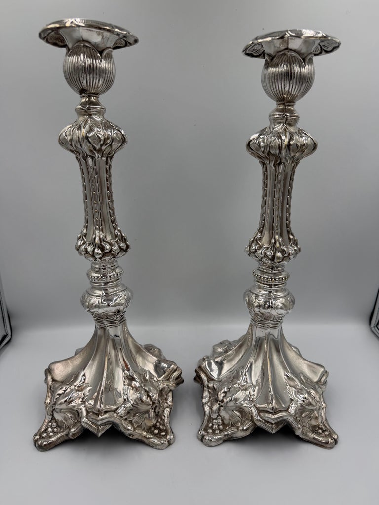 Pair of Baroque Revival Silver Candlesticks with Figural Tripod Bases