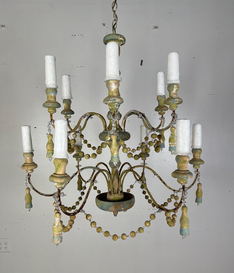 12-Arm Painted Wood Beaded Chandelier with Tassels