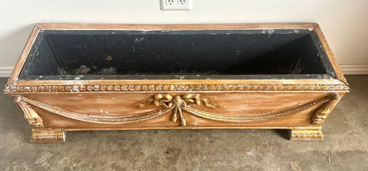 French Rectangular Shaped Carved Wood Planter w/ Liner